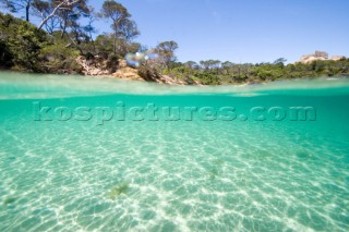 The shore as seen from a camera half-submerged in clear shallow water