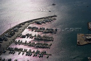 Low level aerial shot of a yacht marina