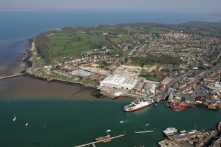 Aerial shot of the Red Funnel vehicle and passenger ferry docked at the East Cowes terminal