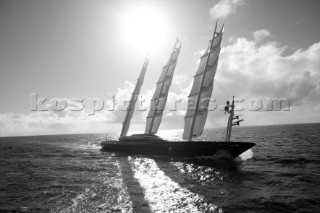 The Perini Navi superyacht Maltese Falcon owned by Tom Perkins sailing in The Superyacht Cup in Antigua