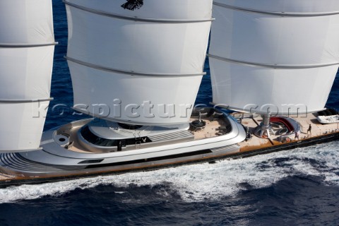 The Perini Navi superyacht Maltese Falcon owned by Tom Perkins sailing in The Superyacht Cup in Anti