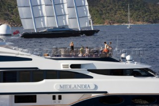 The Perini Navi superyacht Maltese Falcon owned by Tom Perkins sailing in The Superyacht Cup in Antigua