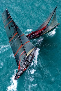 Valencia, 04 04 2007. Louis Vuitton ACT 13. Fleet Race. Alinghi and Mascalzone Latino -  Capitalia Team.