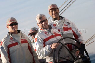 Valencia Spain 18- 01- 07Luna Rossa ITA94 Training - Patrizio Bertelli, Head of Syndicate Luna Rossa, at the helm of the Luna Rossa ITA 94 with Francesco de Angelis and James Spithill