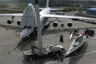 Americas Cup  yacht is loaded onto a Russian transport plane to be air freighted