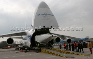 Americas Cup  yacht is loaded onto a Russian transport plane to be air freighted