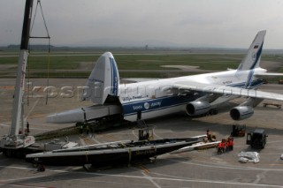 Americas Cup  yacht is loaded onto a Russian transport plane to be air freighted