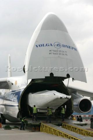 Americas Cup  yacht is loaded onto a Russian transport plane to be air freighted