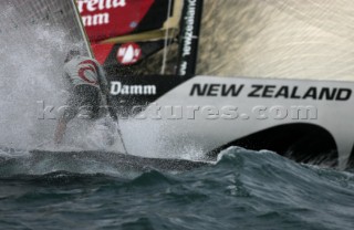 Trapani - 03 10 2005. 32nd Americas Cup. Louis Vuitton Act 8. Alinghi Vs Team New Zealand. Bow man on Team New Zealand