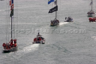 Valencia - 16 05 2006. Americas Cup 2007 - Act 10&11. Porto. Tenders and support boats towing the yachts to the race area