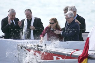 Valencia, 22 03 2006. Luna Rossa ITA 86 launch with champagne bottle. Patrizio Bertelli and Miuccia Prada