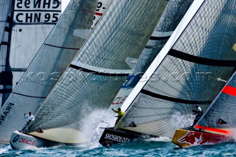 Americas Cup yacht fleet leave the startline