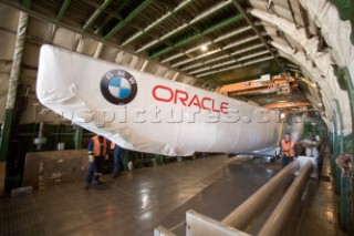 BMW Americas Cup yacht is loaded onboard a Russian cargo plane in transportation