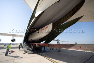 BMW Americas Cup yacht is loaded onboard a Russian cargo plane in transportation