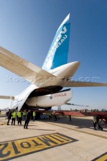 BMW Americas Cup yacht is loaded onboard a Russian cargo plane in transportation