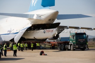 BMW Americas Cup yacht is loaded onboard a Russian cargo plane in transportation