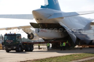 BMW Americas Cup yacht is loaded onboard a Russian cargo plane in transportation