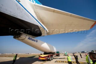 BMW Americas Cup yacht is loaded onboard a Russian cargo plane in transportation