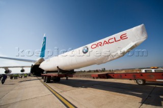 BMW Americas Cup yacht is loaded onboard a Russian cargo plane in transportation