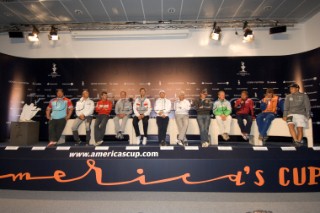 Skippers press conference for the start of Act 13 of the Louis Vuitton Cup. L to R, Pierre Mas (China Team), Jesper Bank (United Internet Team Germany), Sebastien Col (Areva), Magnus Holmberg (Victory challenge), Francesco deAngelis (Lunna Rossa), Chris Dickson (Oracle BMW), Brad Butterworth (Alinghi), Dean Barker (Emirates Team NZ), Carol Jablonski (Desafio Espanol), Vasco Vascotto (Mascalzone Latino - Capitalia Team), Ian percy (+39), Mark Sadler (Shoshaloza). 2/4/2007