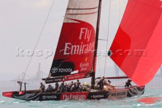 Emirates Team New Zealand NZL84 round the first top mark in race one of the Louis Vuitton Act 13. 3/4/2007