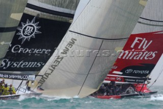 Ben Ainslie steers Emirates Team New Zealand NZL84 around the first mark of race two of the Louis Vuitton Act 13, Valencia, Spain. 4/4/2007