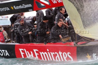 Ben Ainslie at the helm of Emirates Team New Zealand NZL84 before the start of race three of the Louis Vuitton Act 13, Valencia, Spain. 4/4/2007