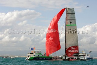 Emirates Team New Zealand NZL84 finish race six of the Louis Vuitton Act 13 in third behind Desafio Espanol and Alinghi. 7/4/2007