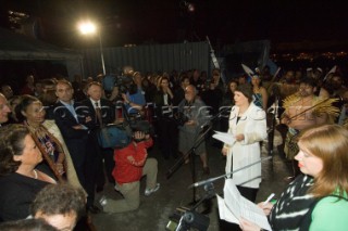 NZ prime Minister Helen Clark addresses the media and invited guests at the Tourisim New Zealand Cultural Bar B Que at the Emirates Team New Zealand base in Valencia.13/4/2007