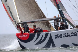 Emirates Team New Zealand NZL92 foredeck crew of Bowman Jeremey Lomas, Mid-Bowman Richard Meacham Mastman Matt Mason and Floater Grant Dalton work to ready the spinnaker at the first first top mark in their round robin one race against Mascalzone Latino ITA99 on Day five of the Louis Vuitton Cup. 20/4/2007