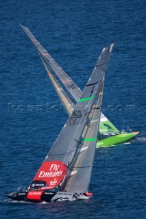 VALENCIA, SPAIN - May 14th:  Emirates Team New Zealand racing Desafio Espanol during the first semi final match of the Louis Vuitton Cup on May 14th 2007. Team New Zealand wins 1-0.