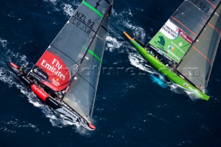 VALENCIA, SPAIN - May 14th:  Emirates Team New Zealand racing Desafio Espanol during the first semi final match of the Louis Vuitton Cup on May 14th 2007. Team New Zealand wins 1-0.