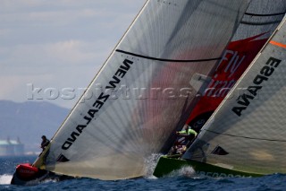 VALENCIA, SPAIN - May 14th:  Team New Zealand and Desafio Espanol cross the startline equal during the first semi final match of the Louis Vuitton Cup on May 14th 2007.