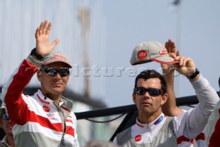 Valencia, 16 05 2007. Louis Vuitton Cup Semi Finals. Luna Rossa Challenge, happiness for the victory. Francesco de angelis and Torben Grael.