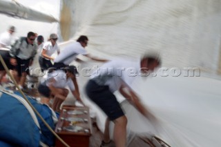 PALMA, MAJORCA - JUNE 16TH:  The crew onboard the J-Class yacht Ranger practice manoeuvres in preparation for The Superyacht Cup Ulysse Nardin on June 16th 2007. Fifty-two of the worlds largest and most expensive sailing superyachts have gathered in Majorca for three days of racing and social events beginning tomorrow. The combined length of the yachts is in excess of 2.2km.