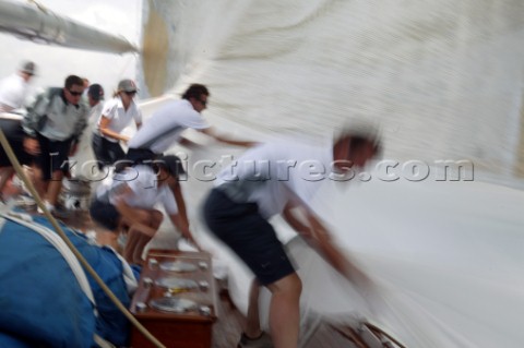 PALMA MAJORCA  JUNE 16TH  The crew onboard the JClass yacht Ranger practice manoeuvres in preparatio