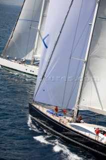 PALMA, MAJORCA - JUNE 17TH:  The superyacht Hamilton II (right) is overtaken by Visione (left) the Baltic 143 owned by Hasso Plattner of SAP, whist sailing on the Fortis Day of the Superyacht Cup Ulysse Nardin on June 17th 2007. Fifty-two of the worlds largest and most expensive sailing superyachts have gathered in Majorca for three days of sailing and social events.