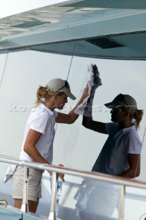 PALMA, MAJORCA - JUNE 17TH:  A crew polishes the expansive windows onboard Maltese Falcon owned by Tom Perkins on Fortis Day of the Superyacht Cup Ulysse Nardin on June 17th 2007. Fifty-two of the worlds largest and most expensive sailing superyachts have gathered in Majorca for The Superyacht Cup Ulysse Nardin 2007, including three days of sailing and social events.