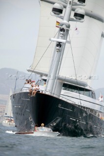 PALMA, MAJORCA - JUNE 17TH:  A spectator boat passes dangerously close in front of Maltese Falcon owned by Tom Perkins on Fortis Day of the Superyacht Cup Ulysse Nardin on June 17th 2007. Fifty-two of the worlds largest and most expensive sailing superyachts have gathered in Majorca for The Superyacht Cup Ulysse Nardin 2007, including three days of sailing and social events.