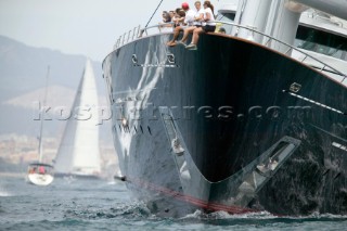 PALMA, MAJORCA - JUNE 17TH:  VIP guests sailing onboard Maltese Falcon owned by Tom Perkins on Fortis Day of the Superyacht Cup Ulysse Nardin on June 17th 2007. Fifty-two of the worlds largest and most expensive sailing superyachts have gathered in Majorca for The Superyacht Cup Ulysse Nardin 2007, including three days of sailing and social events.