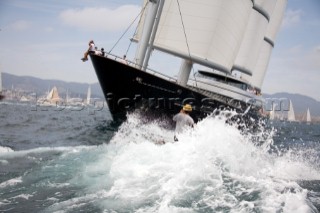 PALMA, MAJORCA - JUNE 17TH: A spectator boat passes dangerously close in front of Maltese Falcon owned by Tom Perkins on Fortis Day of the Superyacht Cup Ulysse Nardin on June 17th 2007. Fifty-two of the worlds largest and most expensive sailing superyachts have gathered in Majorca for The Superyacht Cup Ulysse Nardin 2007, including three days of sailing and social events.