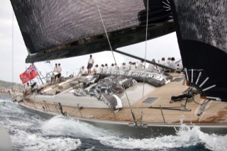 PALMA, MAJORCA - JUNE 18TH:  The young son of the owner of Ghost takes the helm whilst sailing on Astilleros di Majorca Day of the Superyacht Cup Ulysse Nardin on June 18th 2007. Fifty-two of the worlds largest and most expensive sailing superyachts have gathered in Majorca for The Superyacht Cup Ulysse Nardin 2007, including three days of sailing and social events.