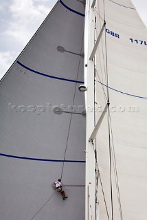 PALMA, MAJORCA - JUNE 18TH:  The bowman inspects the sails on Hamilton II sailing on Astilleros di Majorca Day of the Superyacht Cup Ulysse Nardin on June 18th 2007. Fifty-two of the worlds largest and most expensive sailing superyachts have gathered in Majorca for The Superyacht Cup Ulysse Nardin 2007, including three days of sailing and social events.