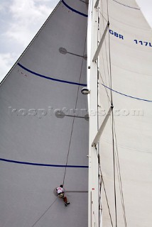 PALMA, MAJORCA - JUNE 18TH:  The bowman inspects the sails on Hamilton II sailing on Astilleros di Majorca Day of the Superyacht Cup Ulysse Nardin on June 18th 2007. Fifty-two of the worlds largest and most expensive sailing superyachts have gathered in Majorca for The Superyacht Cup Ulysse Nardin 2007, including three days of sailing and social events.