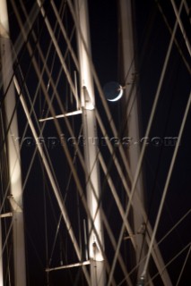 PALMA, MAJORCA - JUNE 18TH: The superyachts with their tall masts floodlit at midnight on Astilleros di Majorca Day of the Superyacht Cup Ulysse Nardin on June 18th 2007. Fifty-two of the worlds largest and most expensive sailing superyachts have gathered in Majorca for The Superyacht Cup Ulysse Nardin 2007, including three days of sailing and social events.