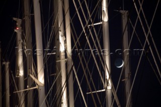 PALMA, MAJORCA - JUNE 18TH: The superyachts with their tall masts floodlit at midnight on Astilleros di Majorca Day of the Superyacht Cup Ulysse Nardin on June 18th 2007. Fifty-two of the worlds largest and most expensive sailing superyachts have gathered in Majorca for The Superyacht Cup Ulysse Nardin 2007, including three days of sailing and social events.