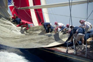 PALMA, MAJORCA - JUNE 19TH:  The foredeck crew on the J-Class Ranger sailing on New Zealand Millenium Day of the Superyacht Cup Ulysse Nardin on June 19th 2007. Fifty-two of the worlds largest and most expensive sailing superyachts have gathered in Majorca for The Superyacht Cup Ulysse Nardin 2007, including three days of sailing and social events.