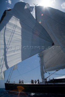 PALMA, MAJORCA - JUNE 19TH:  The foredeck crew of Kokomo hoist the huge spinnaker sailing on New Zealand Millenium Day of the Superyacht Cup Ulysse Nardin on June 19th 2007. Fifty-two of the worlds largest and most expensive sailing superyachts have gathered in Majorca for The Superyacht Cup Ulysse Nardin 2007, including three days of sailing and social events.