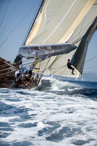 PALMA MAJORCA  JUNE 19TH  The bowman adjusts the genoa sheet onboard Ranger sailing on New Zealand M