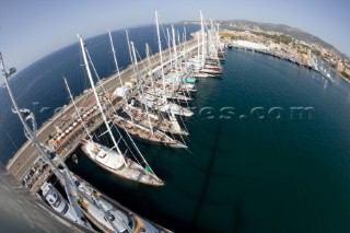 PALMA, MAJORCA - JUNE 19TH:  The view of the moored fleet from the top of the 200ft masts of Maltese Falcon on New Zealand Millenium Day of the Superyacht Cup Ulysse Nardin on June 19th 2007. Fifty-two of the worlds largest and most expensive sailing superyachts have gathered in Majorca for The Superyacht Cup Ulysse Nardin 2007, including three days of sailing and social events.